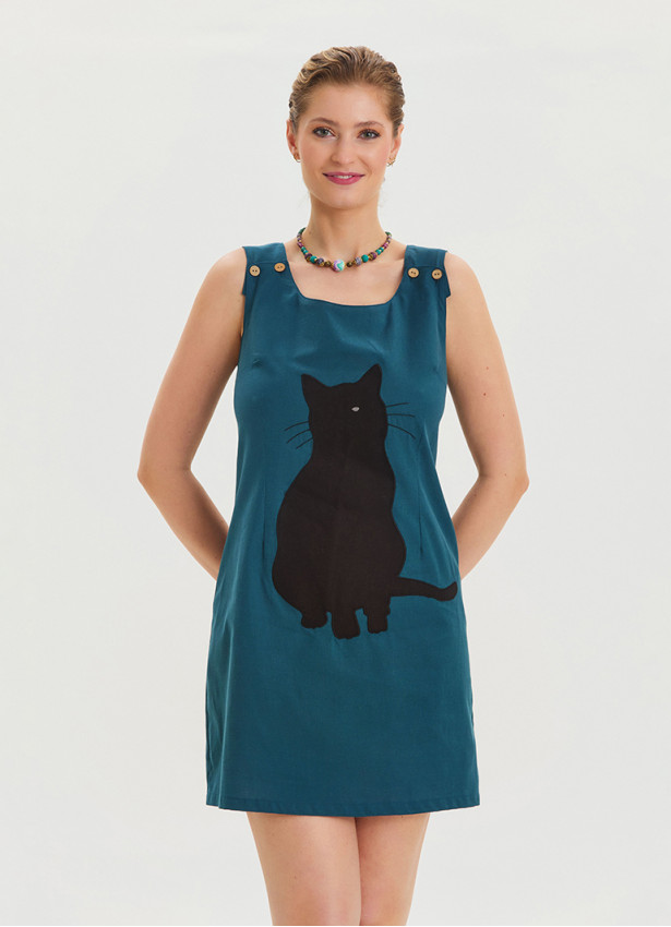 U Neck Cat Figure Button Detailed Petrol Casual Dress 4529